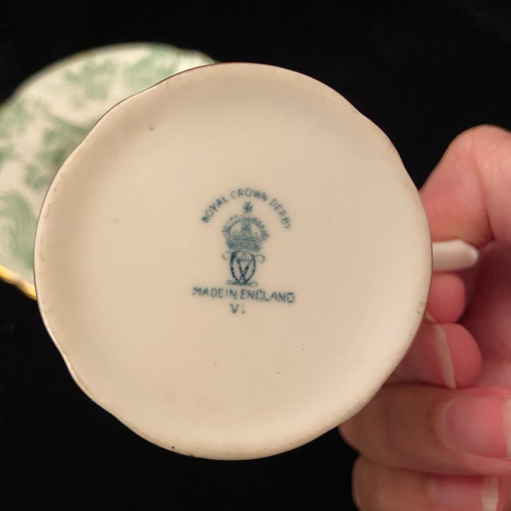 Green Aves by Royal Crown Derby Demitasse Cup & Saucer Vintage Toile - Picture 5 of 12